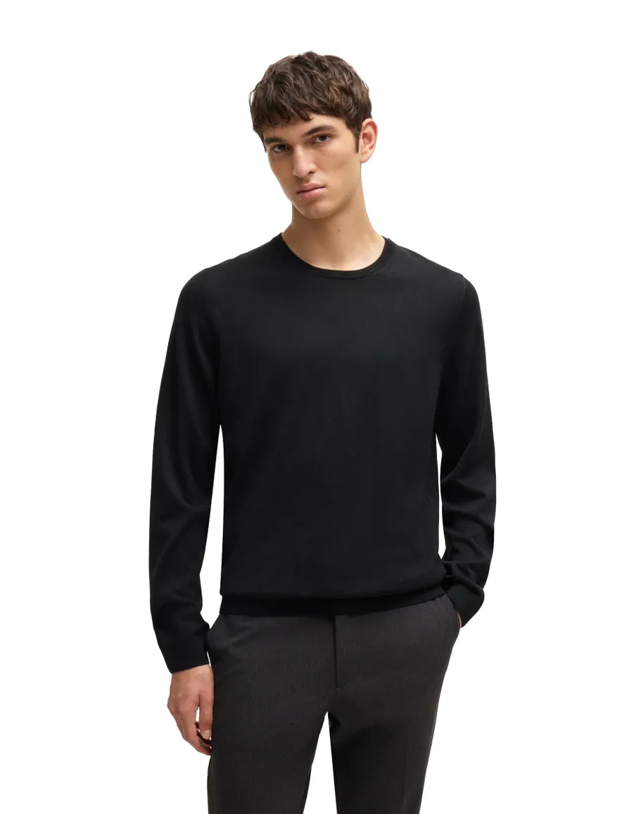 BOSS Black Leno-P trui ronde hals 100% wol zwart effen