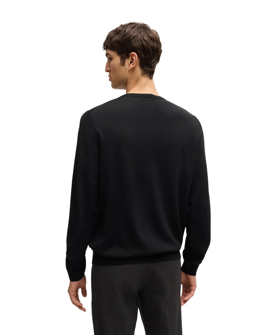 BOSS Black Leno-P trui ronde hals 100% wol zwart effen