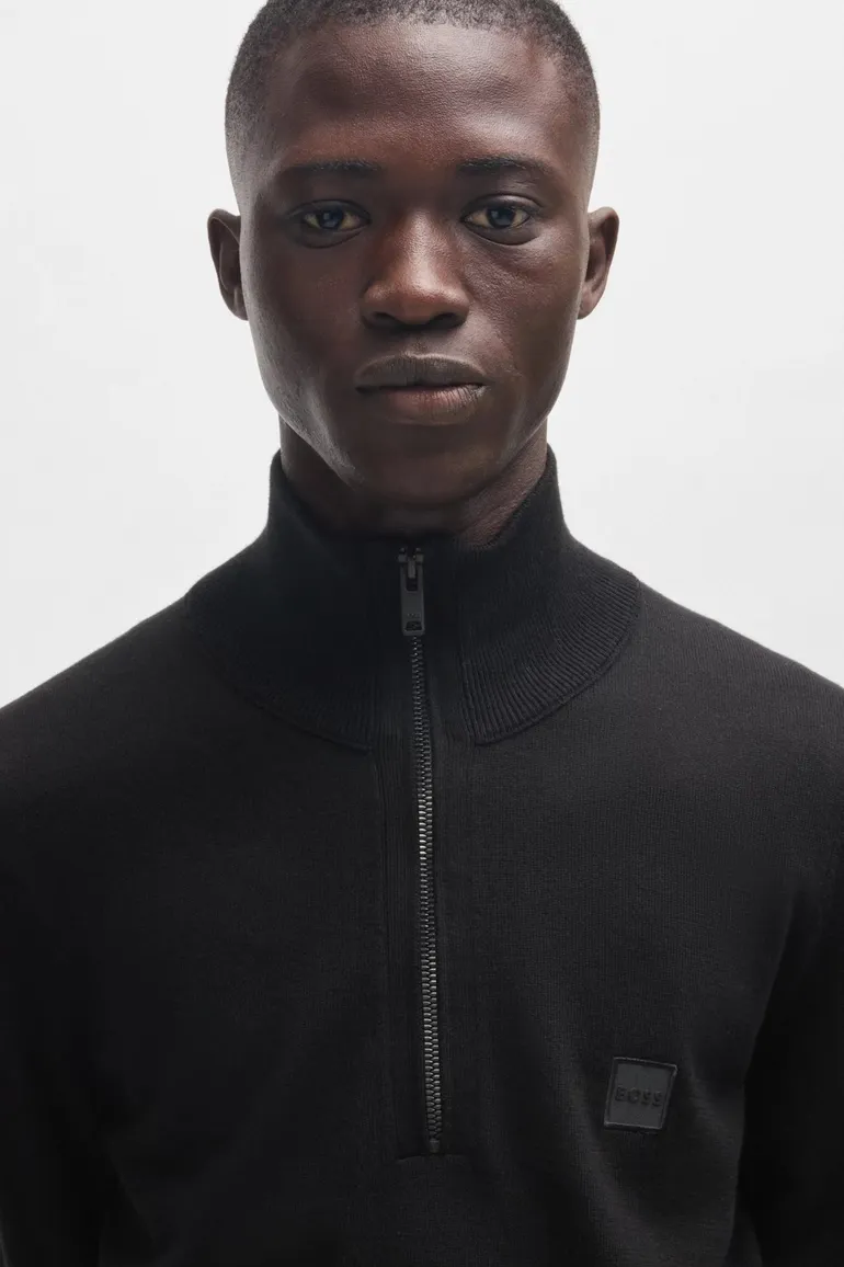 Boss Orange Kanobix zwarte half zip trui katoen kasjmier gebreid