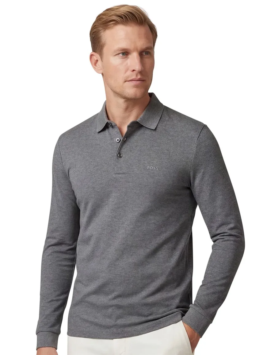 polo Hugo Boss grijs gemêleerd katoen slim fit