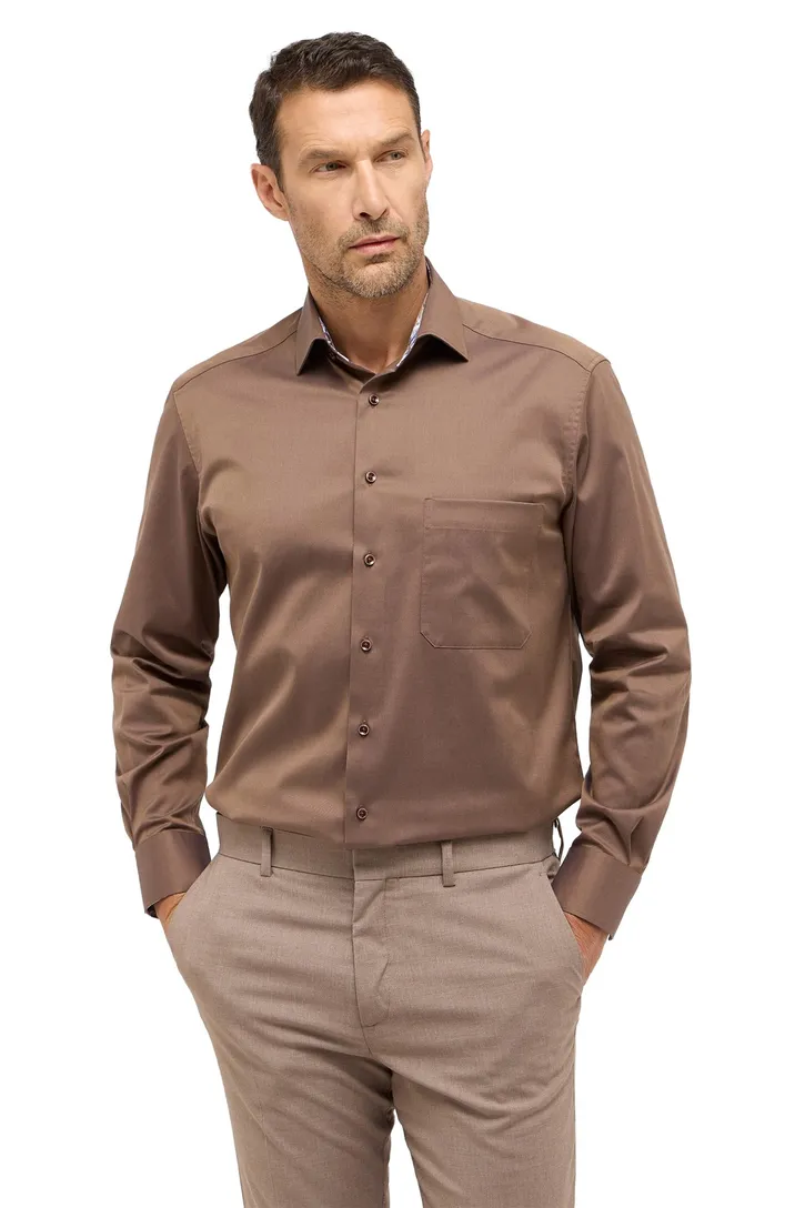 Eterna overhemd bruin comfort fit borstzak