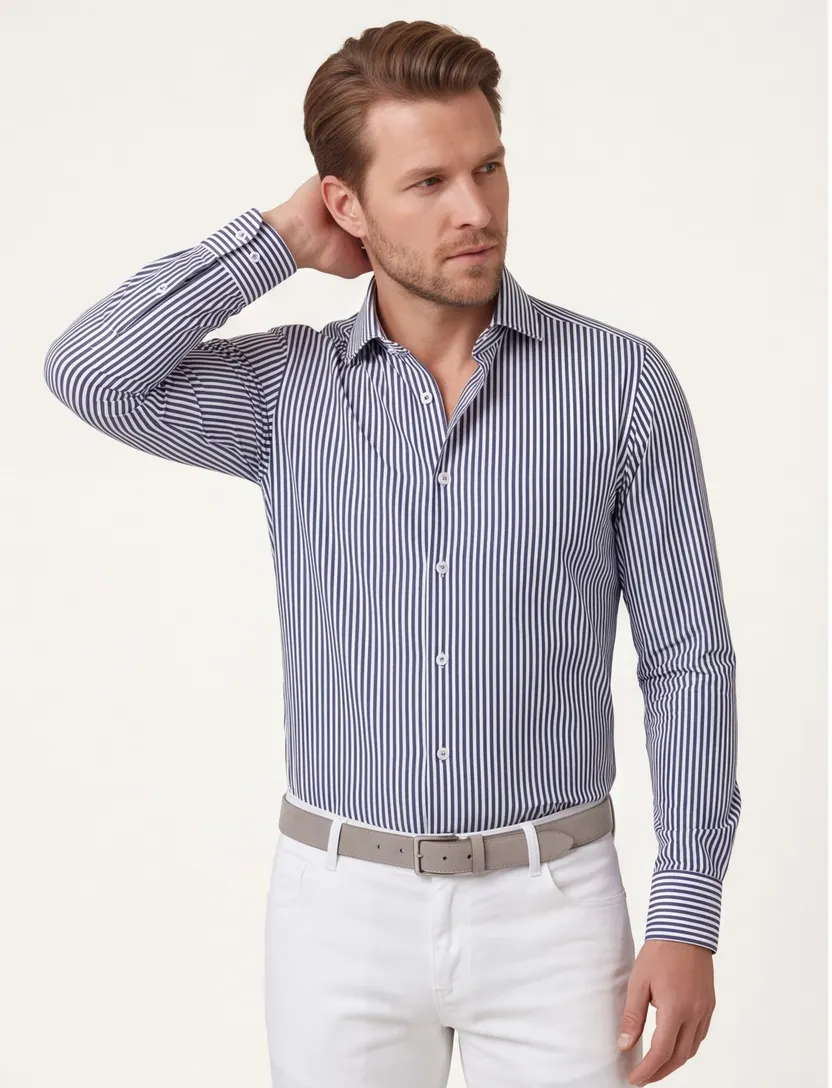 Katoenen Olymp overhemd blauw gestreept slim fit