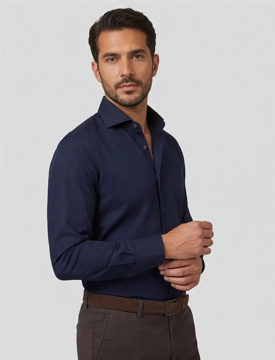 business overhemd Profuomo donkerblauw effen katoen slim fit