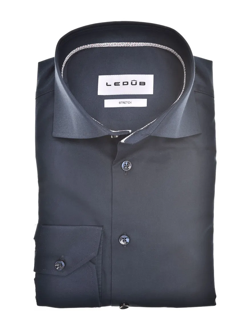 business overhemd Ledub Modern Fit New donkerblauw effen katoen, stretch normale fit