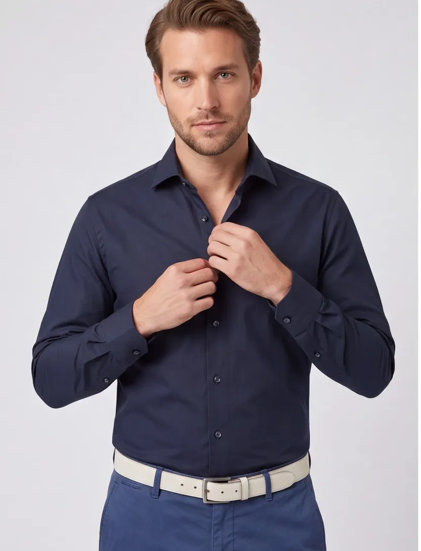 katoenen Ledub overhemd effen donkerblauw normale fit