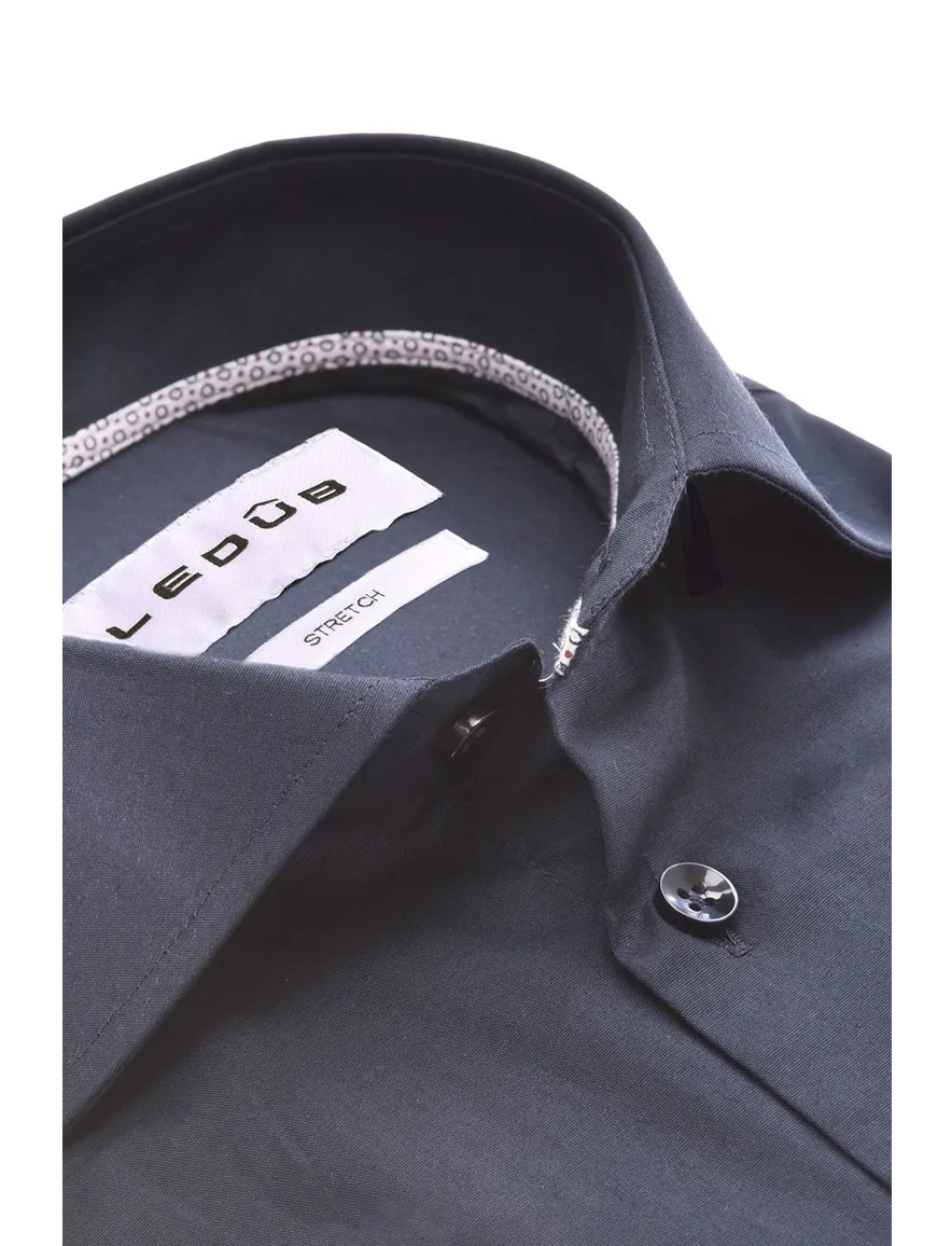 business overhemd Ledub Modern Fit New donkerblauw effen katoen, stretch normale fit