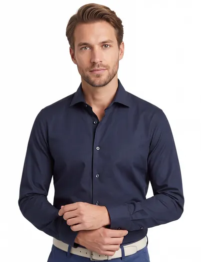 Ledub katoenen Ledub overhemd effen donkerblauw normale fit