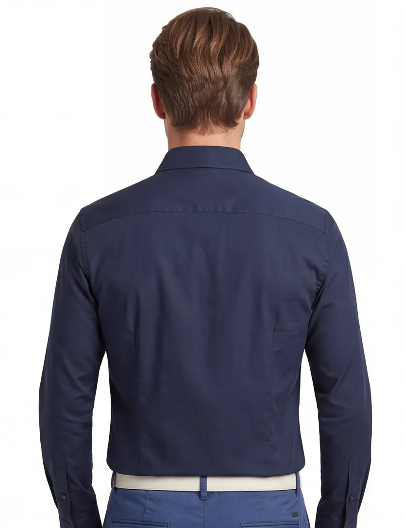 katoenen Ledub overhemd effen donkerblauw normale fit