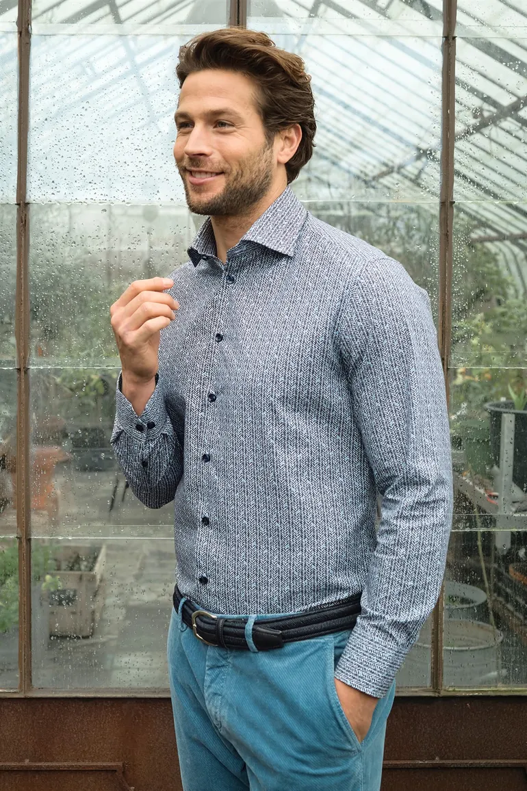 Ledub overhemd donkerblauw geprint normale fit