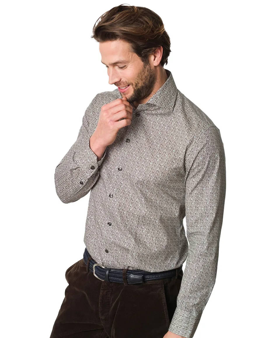 Ledub overhemd bruin geprint easy iron normale fit