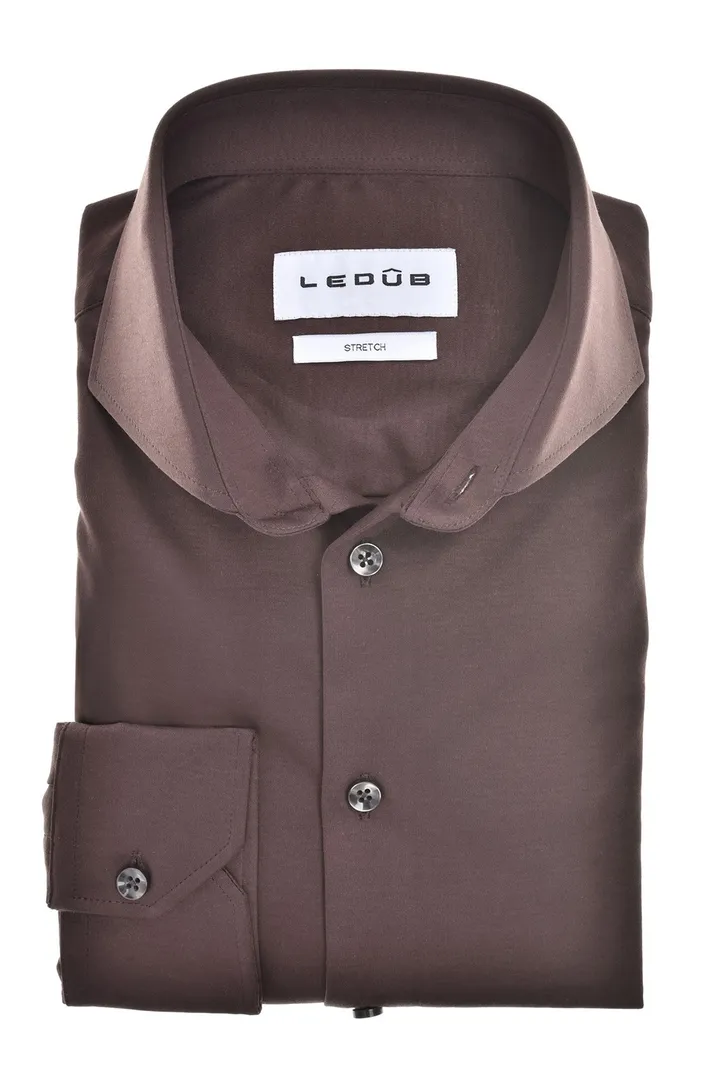 katoenen Ledub overhemd Slim Fit bruin effen
