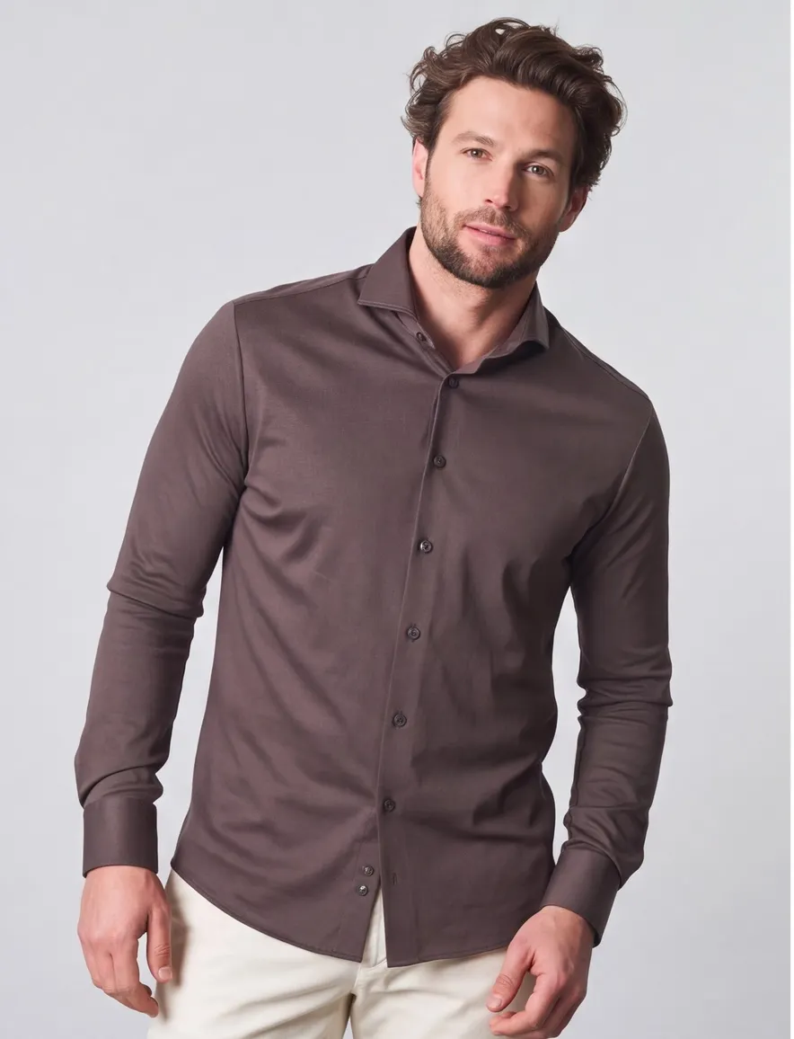 business overhemd Ledub Slim Fit bruin effen katoen slim fit