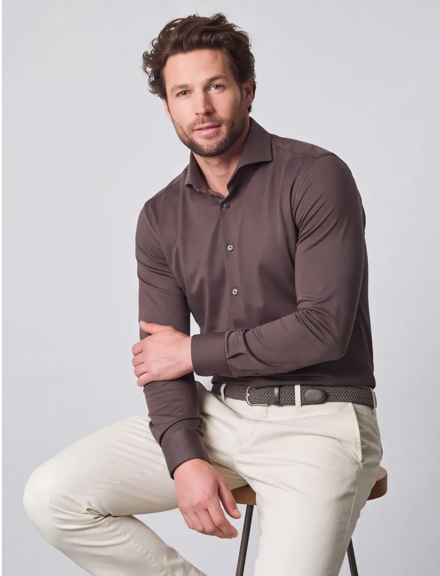Ledub overhemd slim fit effen bruin katoen