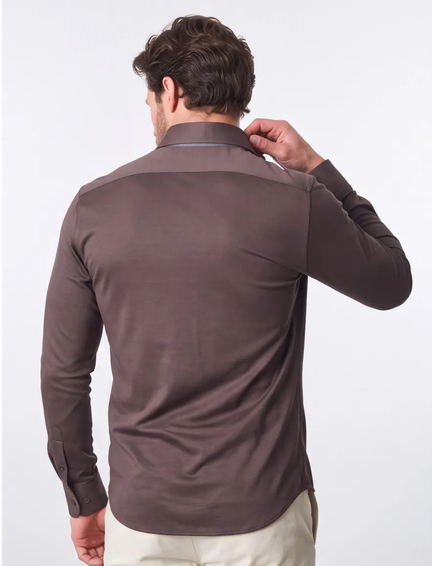 business overhemd Ledub Slim Fit bruin effen katoen slim fit