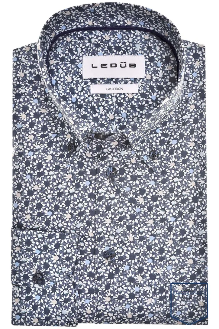 katoenen Ledub overhemd donkerblauw geprint normale fit