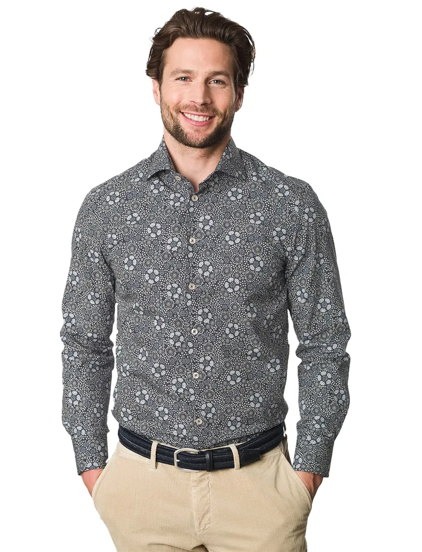 katoenen Ledub overhemd donkerblauw geprint normale fit