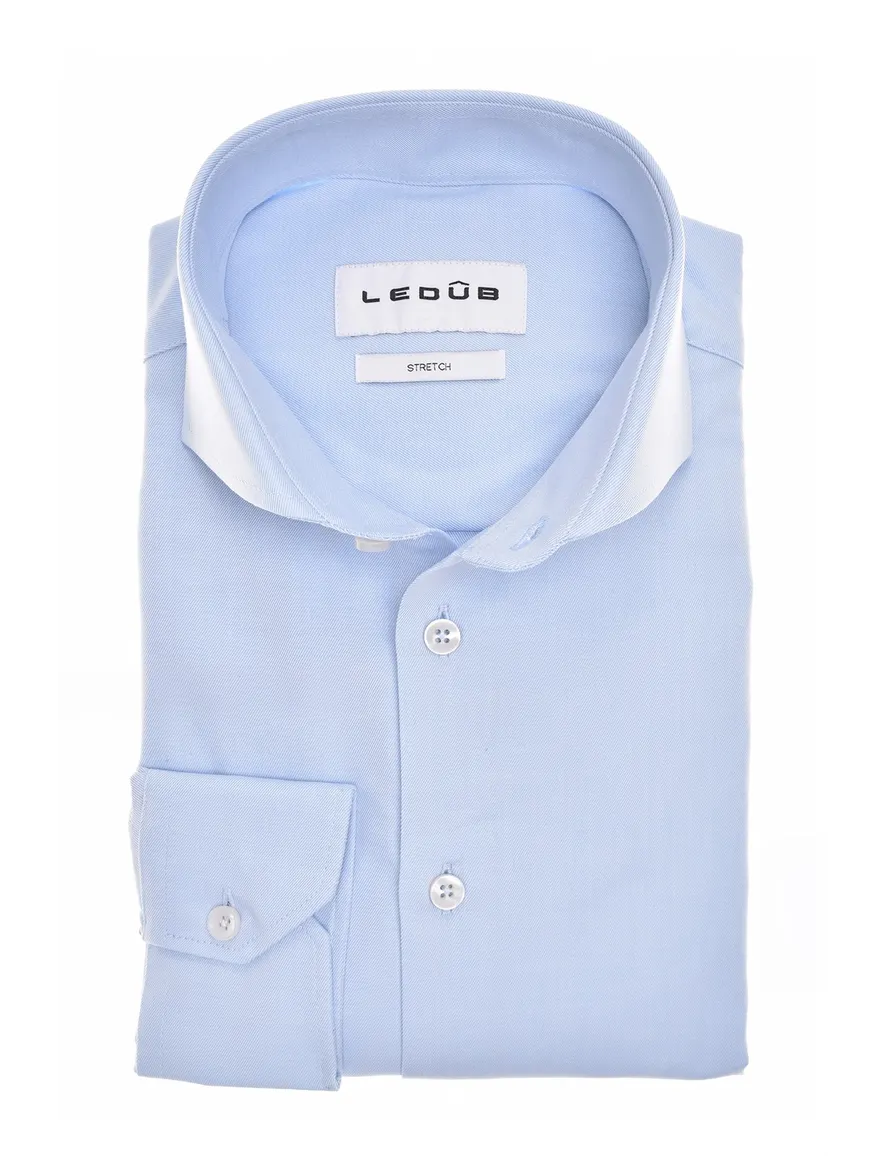 overhemd mouwlengte 7 Ledub Slim Fit lichtblauw effen katoen, polyester, stretch slim fit