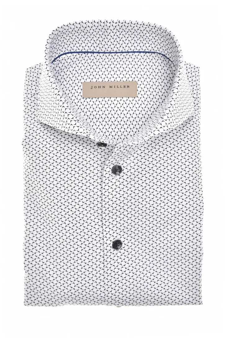John Miller overhemd Slim Fit cut away wit donkerblauw geprint