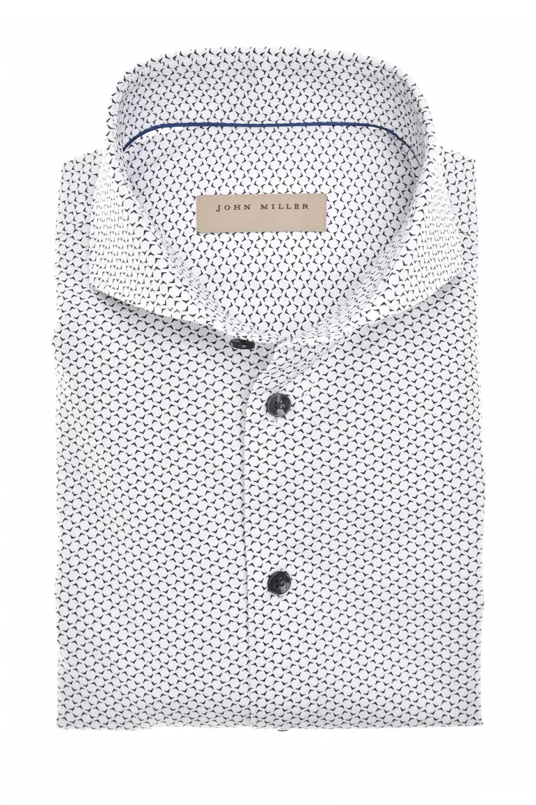 John Miller overhemd wit donkerblauw geprint Slim Fit cut away