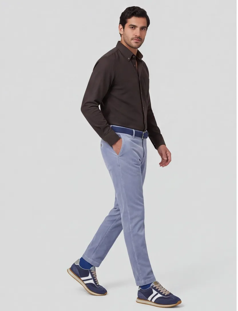 Pantalon chino Alberto effen blauw ribstof