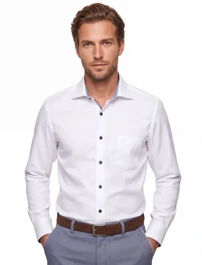 Ledub Ledub overhemd wit Modern Fit New borstzak