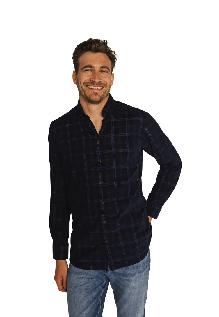 State of Art overhemd donkerblauw geruit katoen