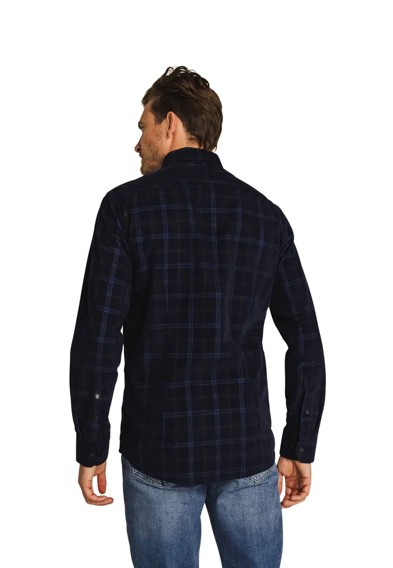 casual overhemd State of Art donkerblauw geruit katoen, stretch wijde fit