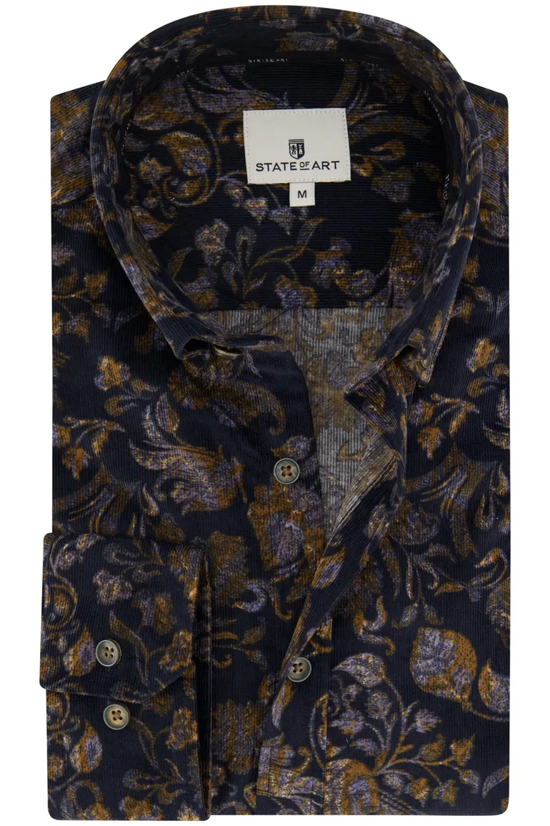 casual overhemd State of Art donkerblauw corduroy wijde fit
