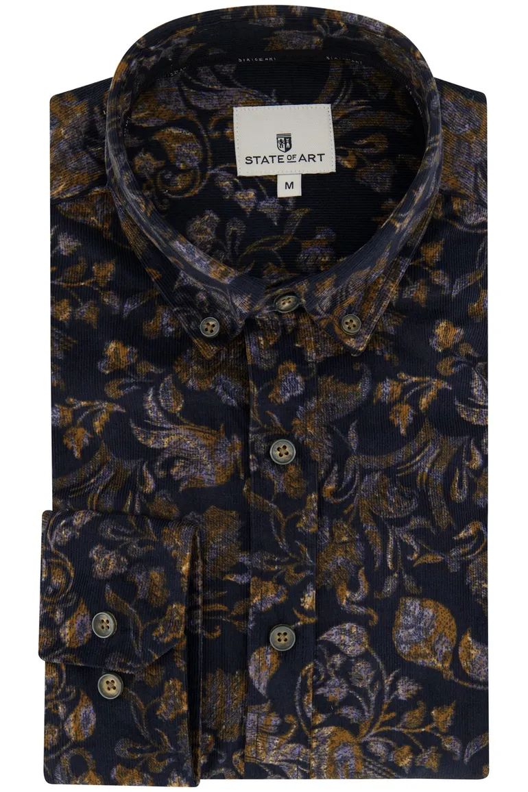 casual overhemd State of Art donkerblauw corduroy wijde fit