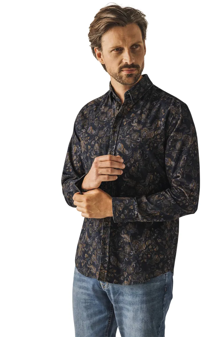 casual overhemd State of Art donkerblauw corduroy wijde fit