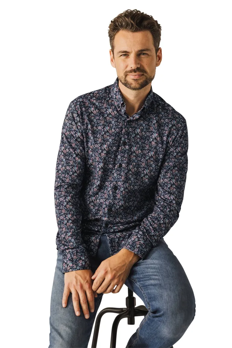 casual overhemd State of Art donkerblauw geprint katoen wijde fit