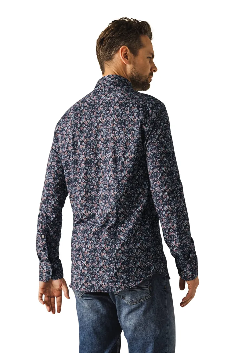 casual overhemd State of Art donkerblauw geprint katoen wijde fit