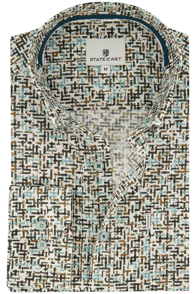 Casual overhemd State of Art blauw geprint stretch wijde fit