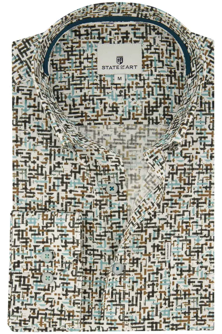 State of Art casual overhemd bruin geprint stretch wijde fit