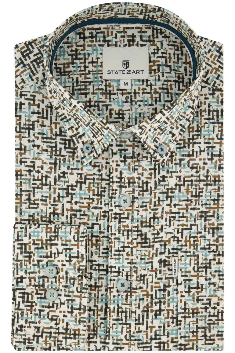 Casual overhemd State of Art blauw geprint stretch wijde fit