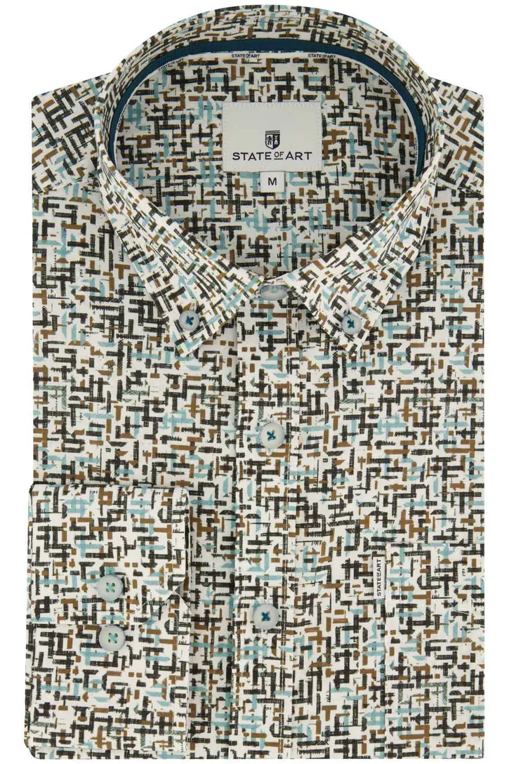 State of Art casual overhemd bruin geprint stretch wijde fit