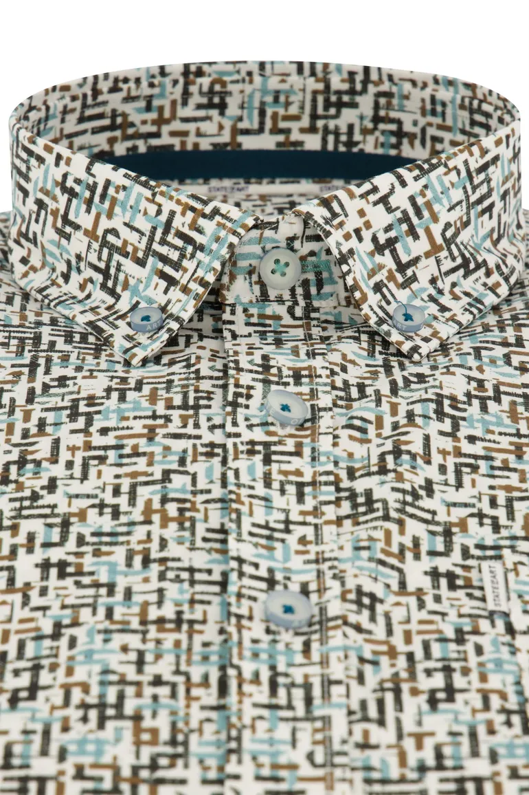 Casual overhemd State of Art blauw geprint stretch wijde fit