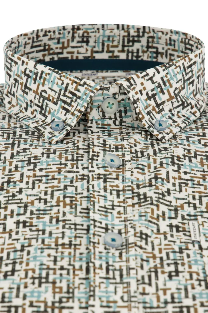 State of Art casual overhemd bruin geprint stretch wijde fit