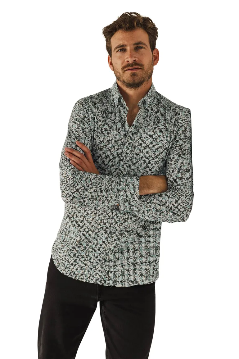 Casual overhemd State of Art blauw geprint stretch wijde fit