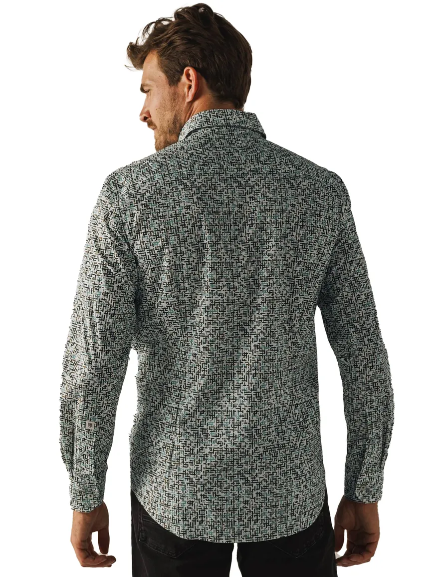 Casual overhemd State of Art blauw geprint stretch wijde fit