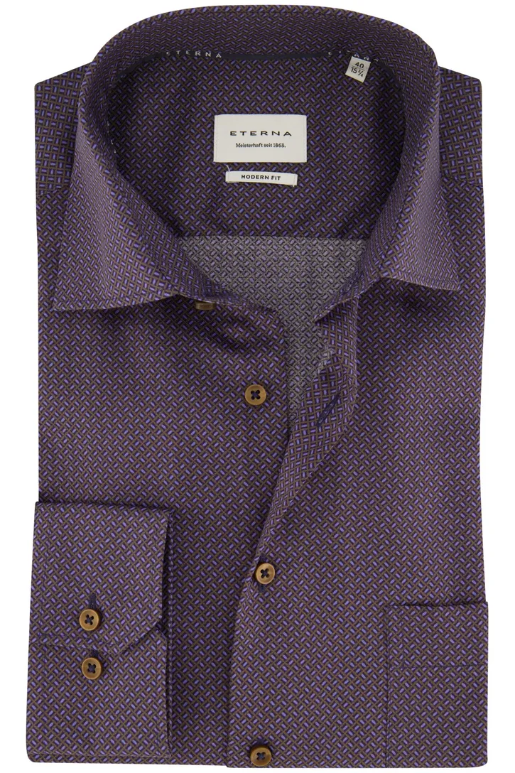Eterna overhemd aubergine geprint ml 7 katoen