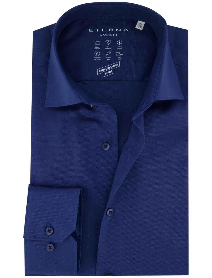 Eterna overhemd blauw effen lange mouwen