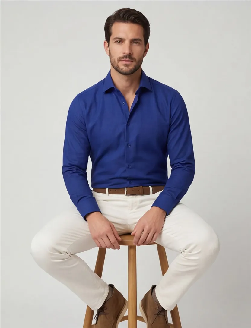 Eterna overhemd lange mouwen blauw effen