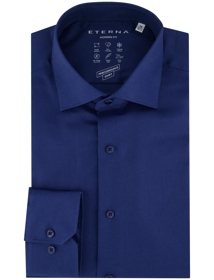 Eterna overhemd blauw effen lange mouwen