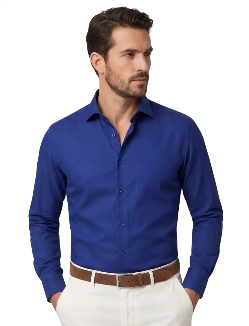 Eterna overhemd lange mouwen blauw effen