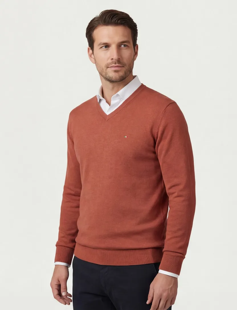 trui Portofino v-hals effen oranje katoenen normale fit