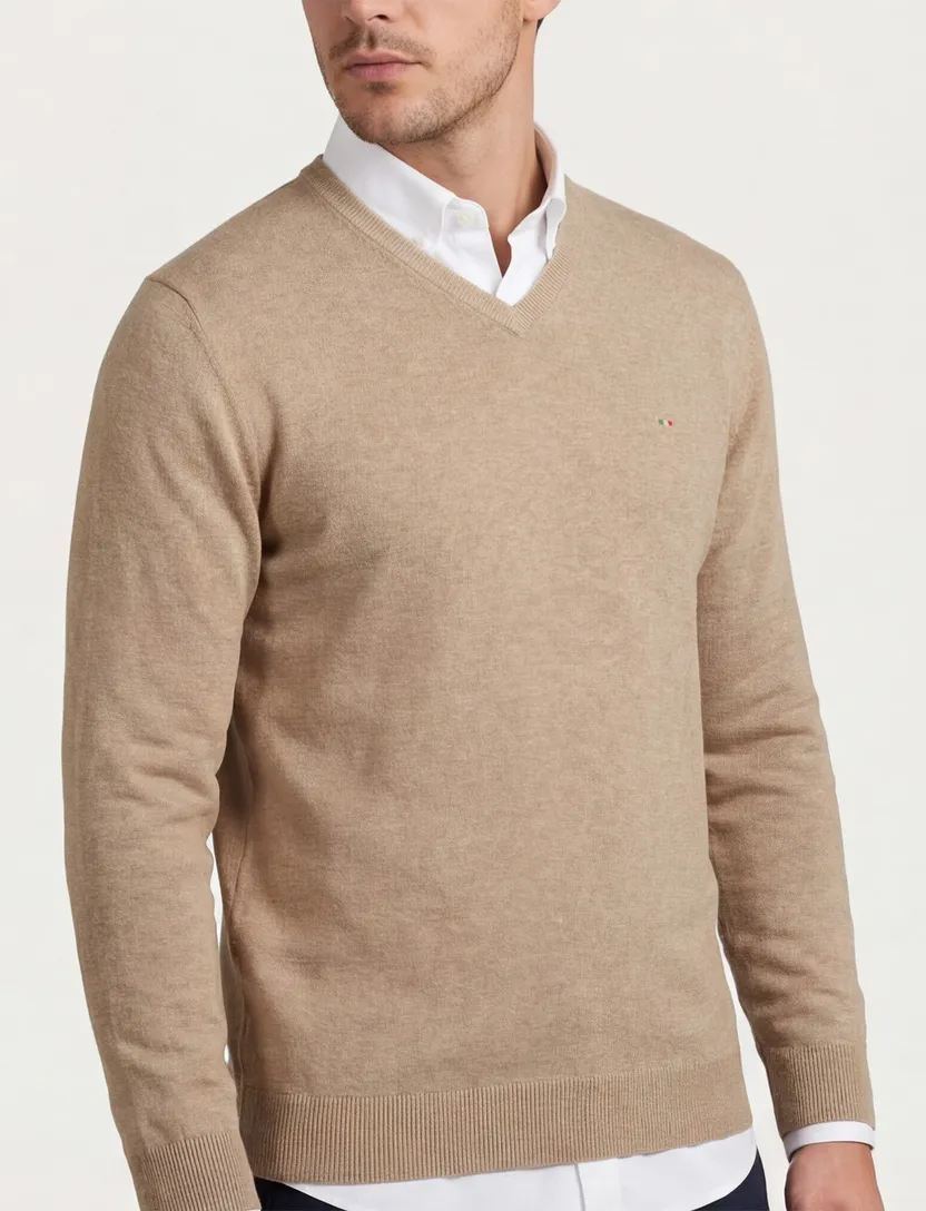 trui Portofino v-hals gemeleerd beige katoen