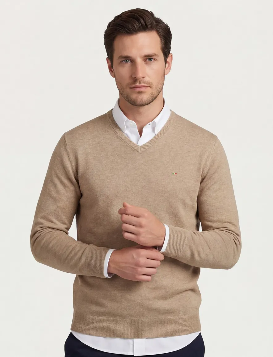 Portofino trui Vince v-hals gemeleerd beige normale fit
