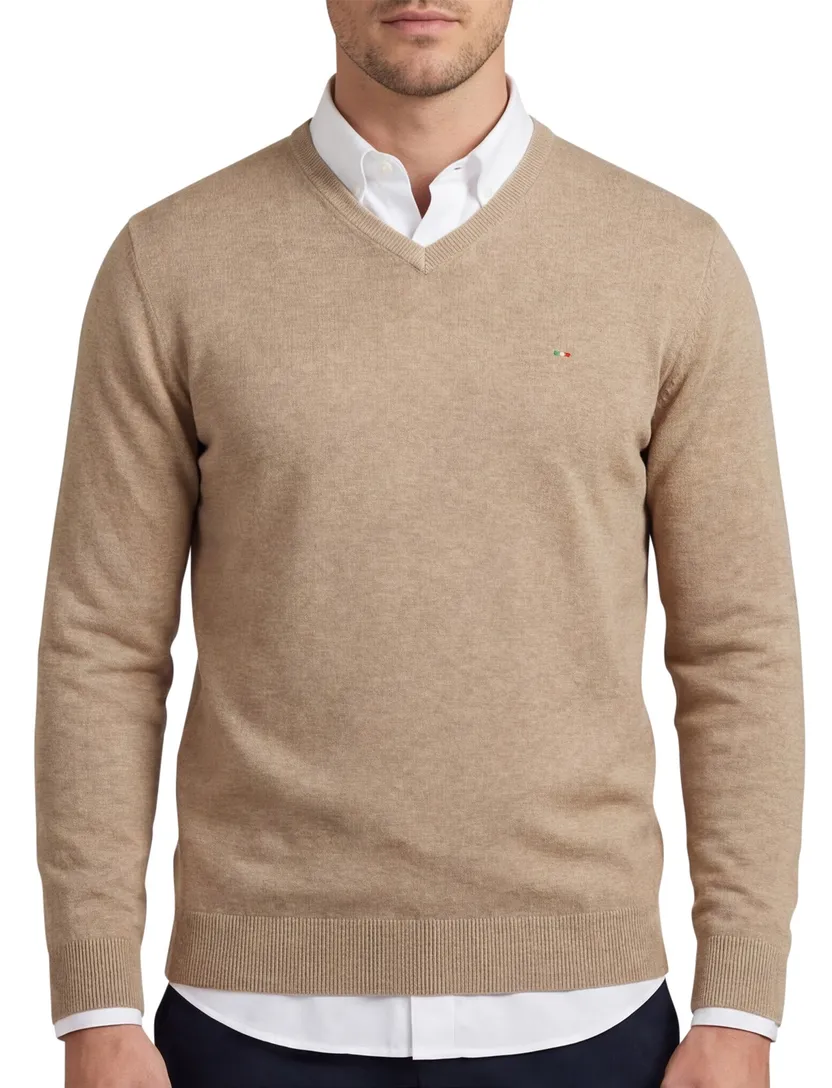 trui Portofino v-hals gemeleerd beige katoen