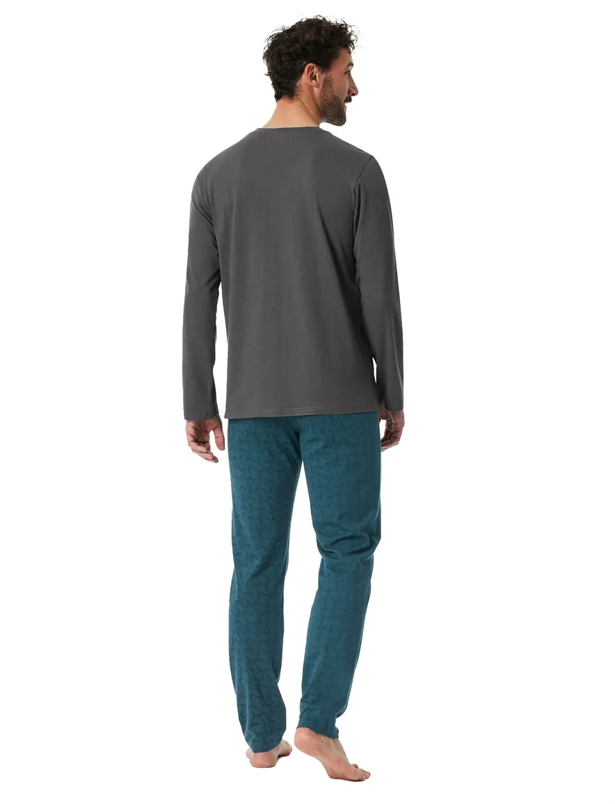 Schiesser pyjama antraciet blauw met print